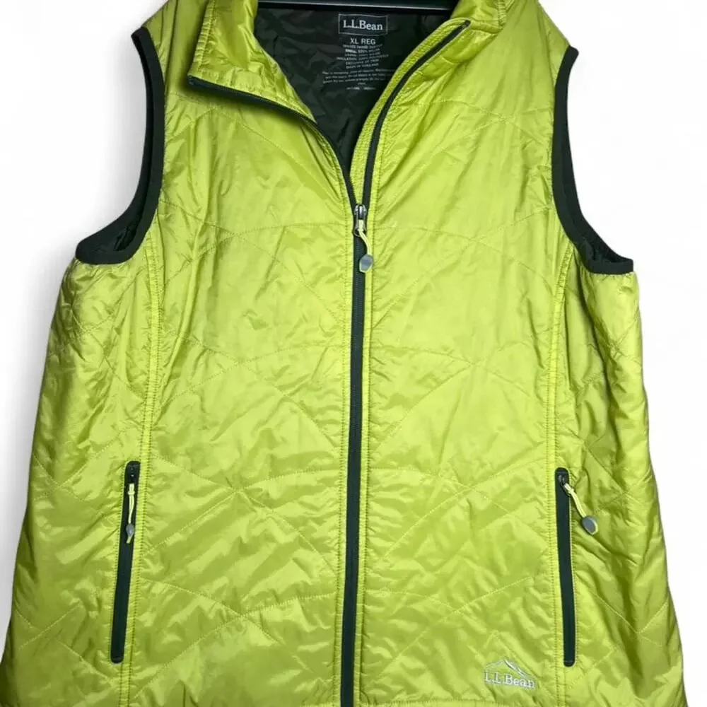 LL Bean Puffer Vest Mens XL Lime Green Full Zip Outdoor Hiking Camping Coat